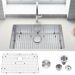 Akicon - 30 in. Undermount Single Bowl 18-Gauge Brushed Stainless Steel Kitchen Sink with Bottom Grid and Basket Strainer - Silver