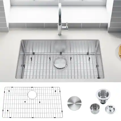 Front. Akicon - Akicon 30 in. Undermount Single Bowl 18-Gauge Brushed Stainless Steel Kitchen Sink with Bottom Grid and Basket Strainer - Silver.
