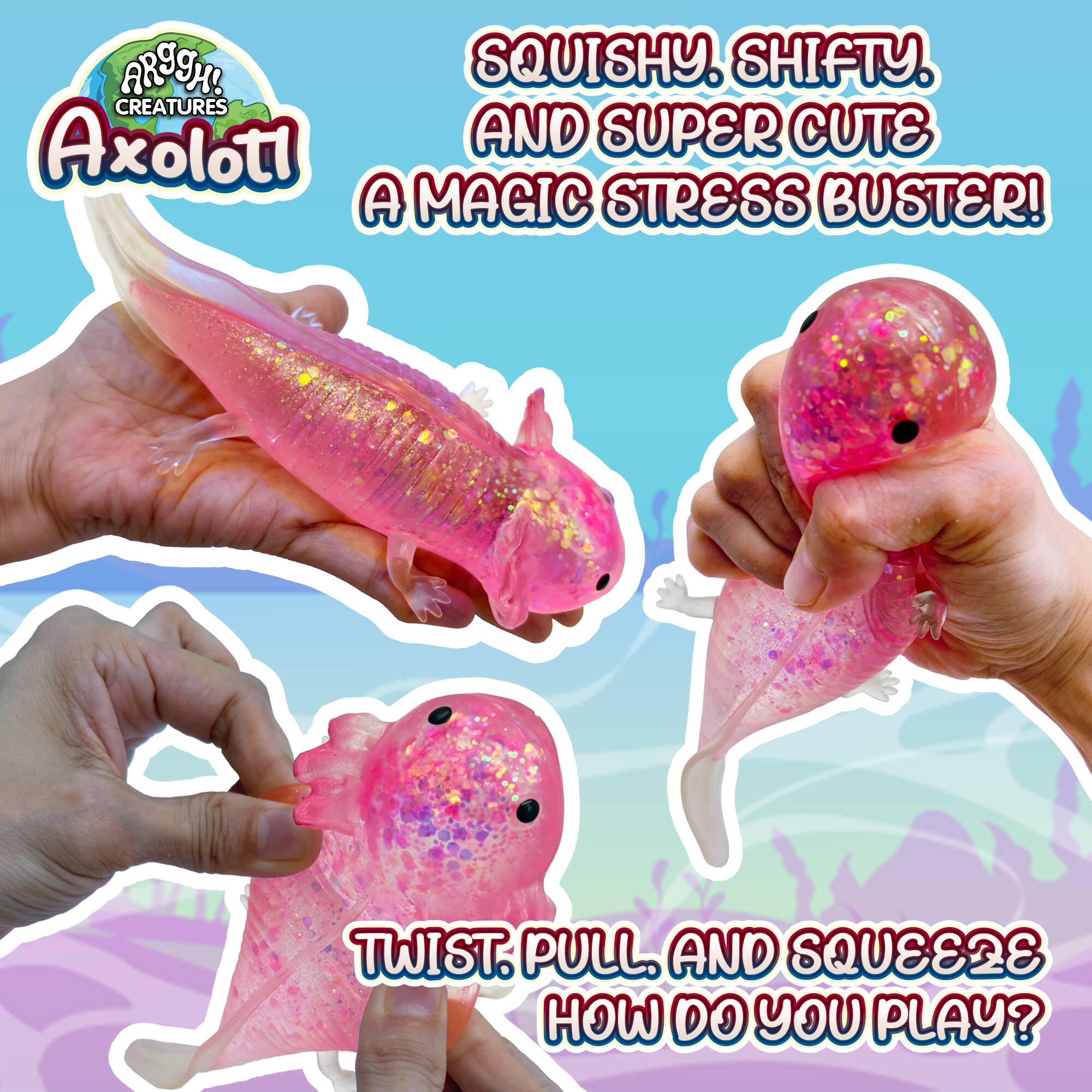 Squishy, Shifty, and Super Cute  
A Magic Stress Buster!  
Twist, Pull, and Squeeze  
How Do You Play?