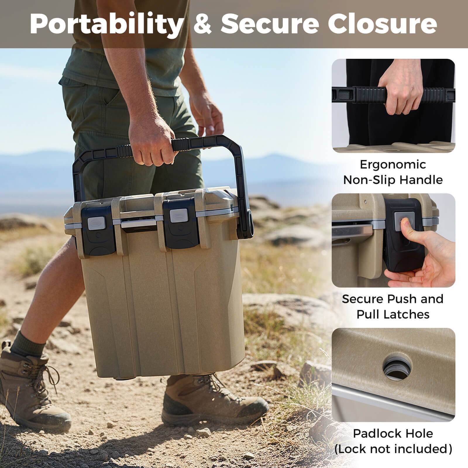 Portability & Secure Closure  
Ergonomic Non-Slip Handle  
Secure Push and Pull Latches  
Padlock Hole (Lock not included)