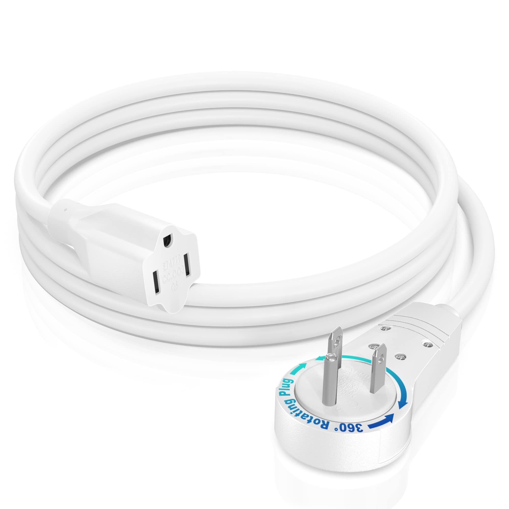 Maximm - 3 Feet 14Awg 360° Rotating Flat Plug Extension Cord / Wire, 3 Prong Grounded Wire, Heavy Duty - UL Certified - White