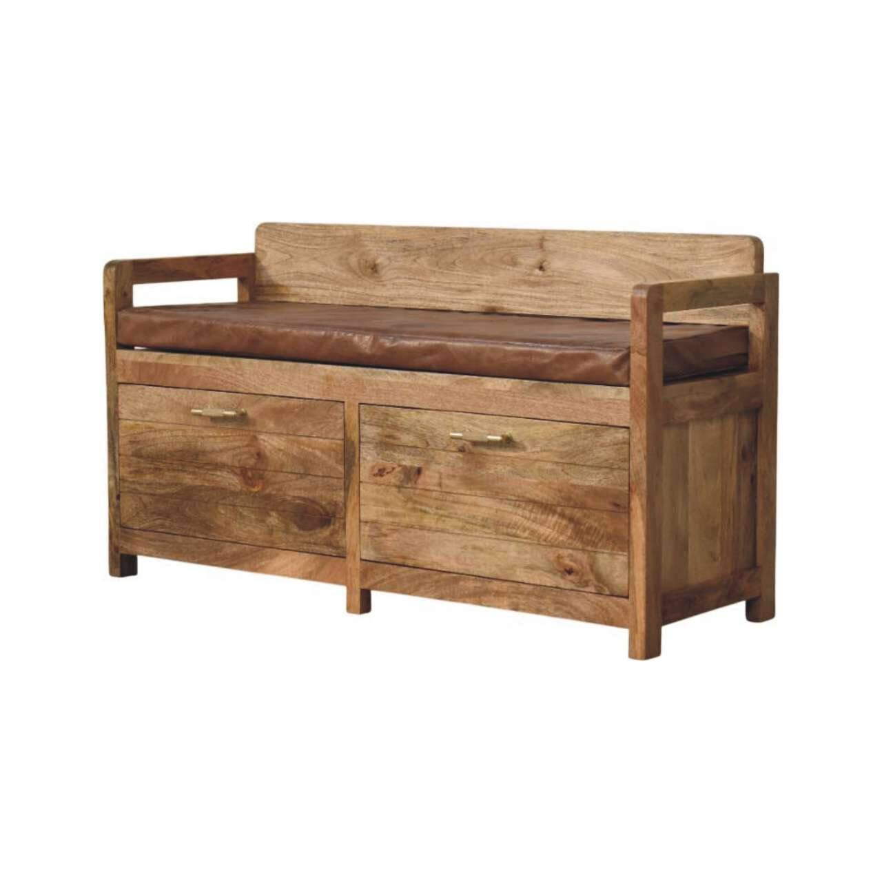 Back. Artisan Furniture - Artisan Furniture Solid Wood Oakish Storage Bench with Brown Leather Seat, 2 Drawers, Beige - Beige.