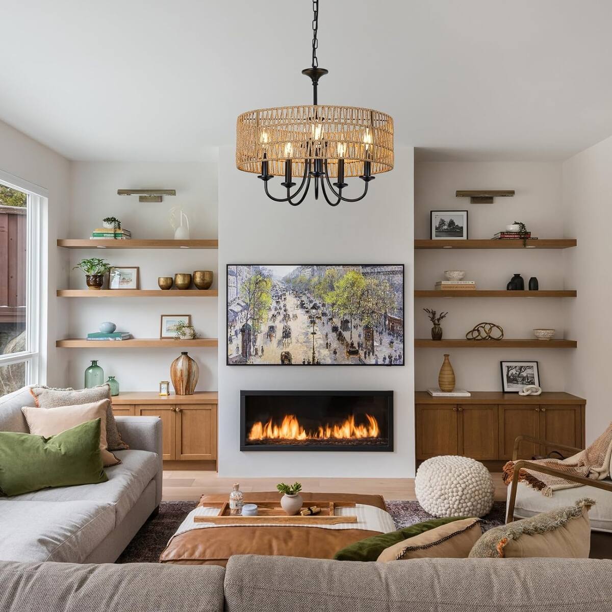 Loheer Modern Farmhouse Chandelier, Five Light Rattan Pendant with Hand ...