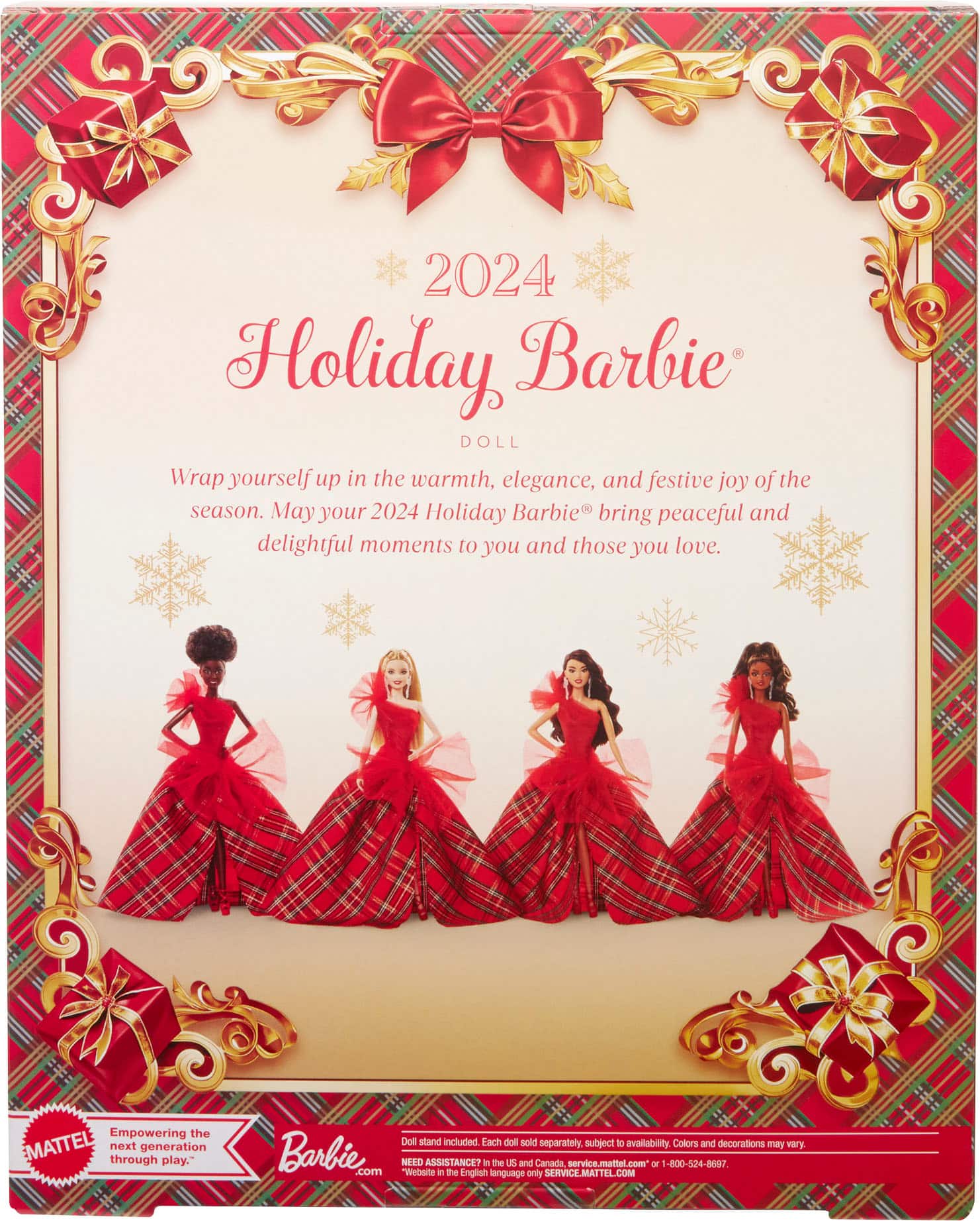 "2024 Holiday Barbie: Wrap yourself up in the warmth, elegance, and festive joy of the season. May your 2024 Holiday Barbie bring peaceful and delightful moments to you and those you love. Empowering the next generation through play. Doil stand included. Lace doily sold separately. Subject to availability. Colors and decorations may vary. Visit Barbie.com or call 1-800-524-8697 for more information. (English in the US and Canada only)"