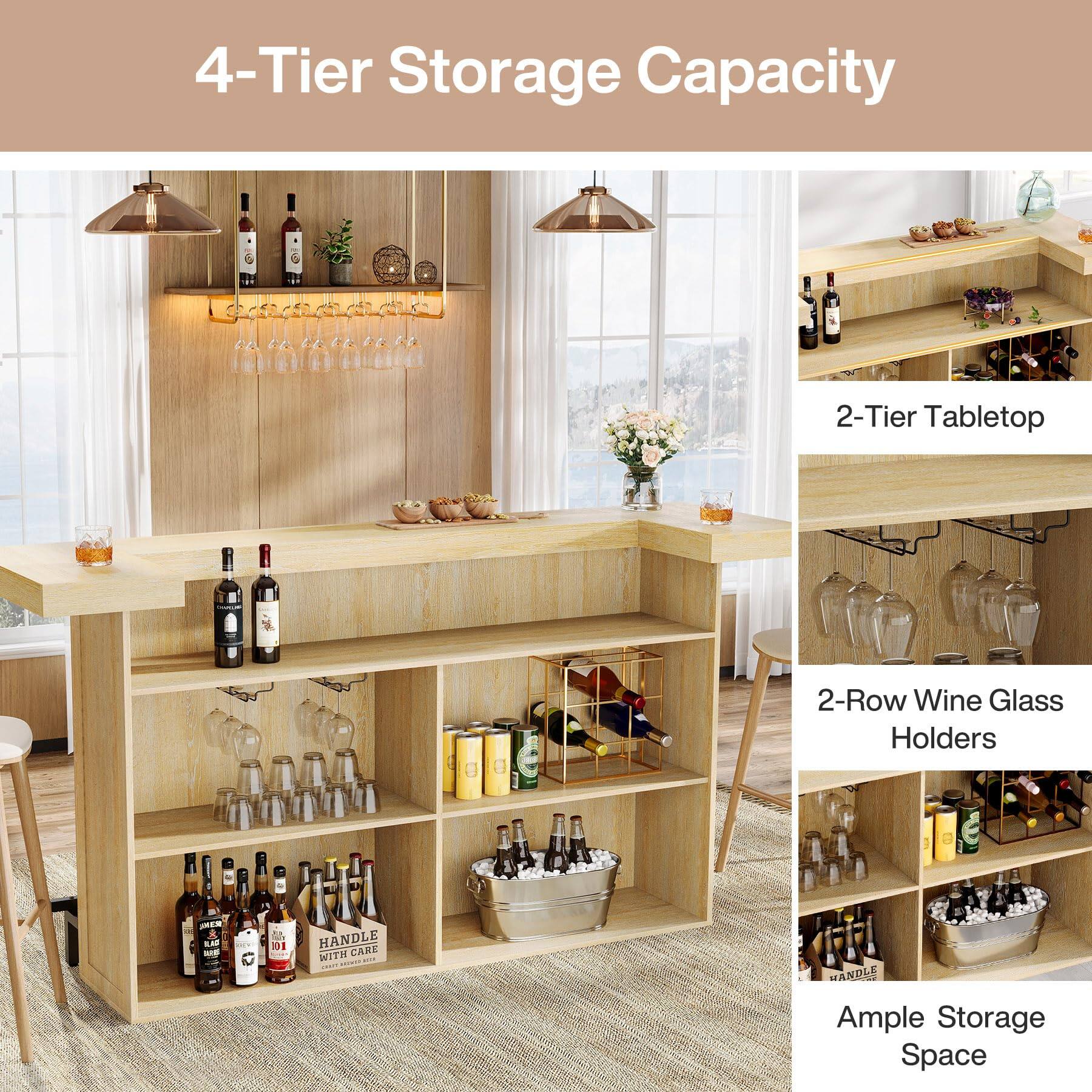 4-Tier Storage Capacity

2-Tier Tabletop
2-Row Wine Glass Holders

HANDLE WITH CARE
Ample Storage Space