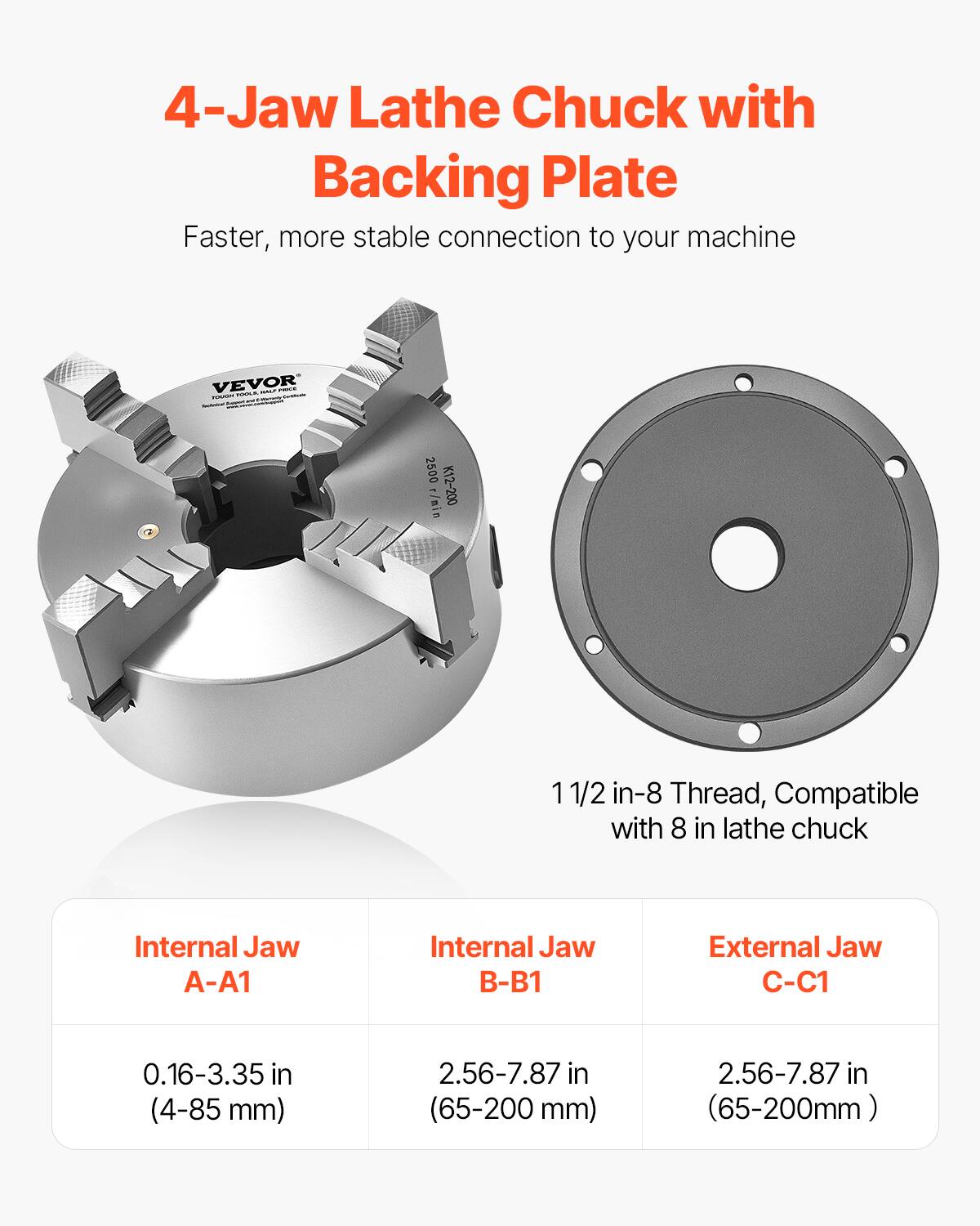 4-Jaw Lathe Chuck with Backing Plate

Faster, more stable connection to your machine

VEVOR

2500 r/min K12-200

1 1/2 in-8 Thread, Compatible with 8 in lathe chuck

Internal Jaw A-A1: 0.16-3.35 in (4-85 mm)

Internal Jaw B-B1: 2.56-7.87 in (65-200 mm)

External Jaw C-C1: 2.56-7.87 in (65-200 mm)
