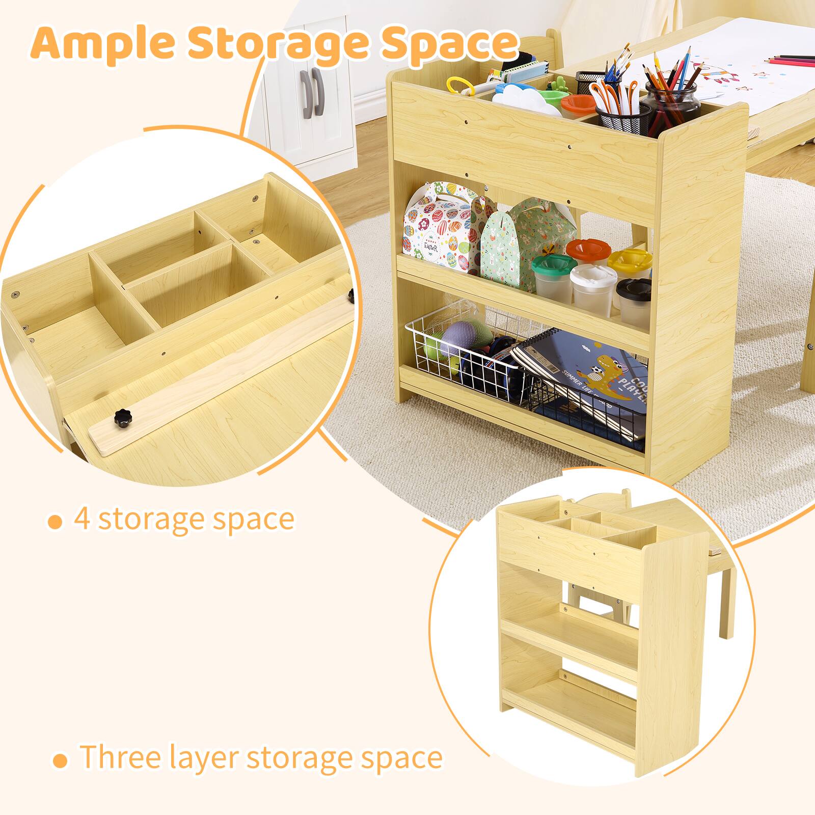 Ample Storage Space

- 4 storage space
- Three layer storage space