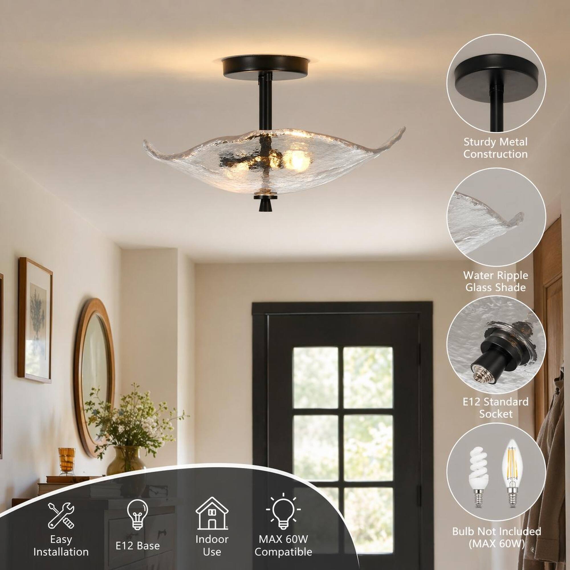 RYHNUYNE Black Flush Mount Ceiling Light with Water Ripple Glass Shade ...