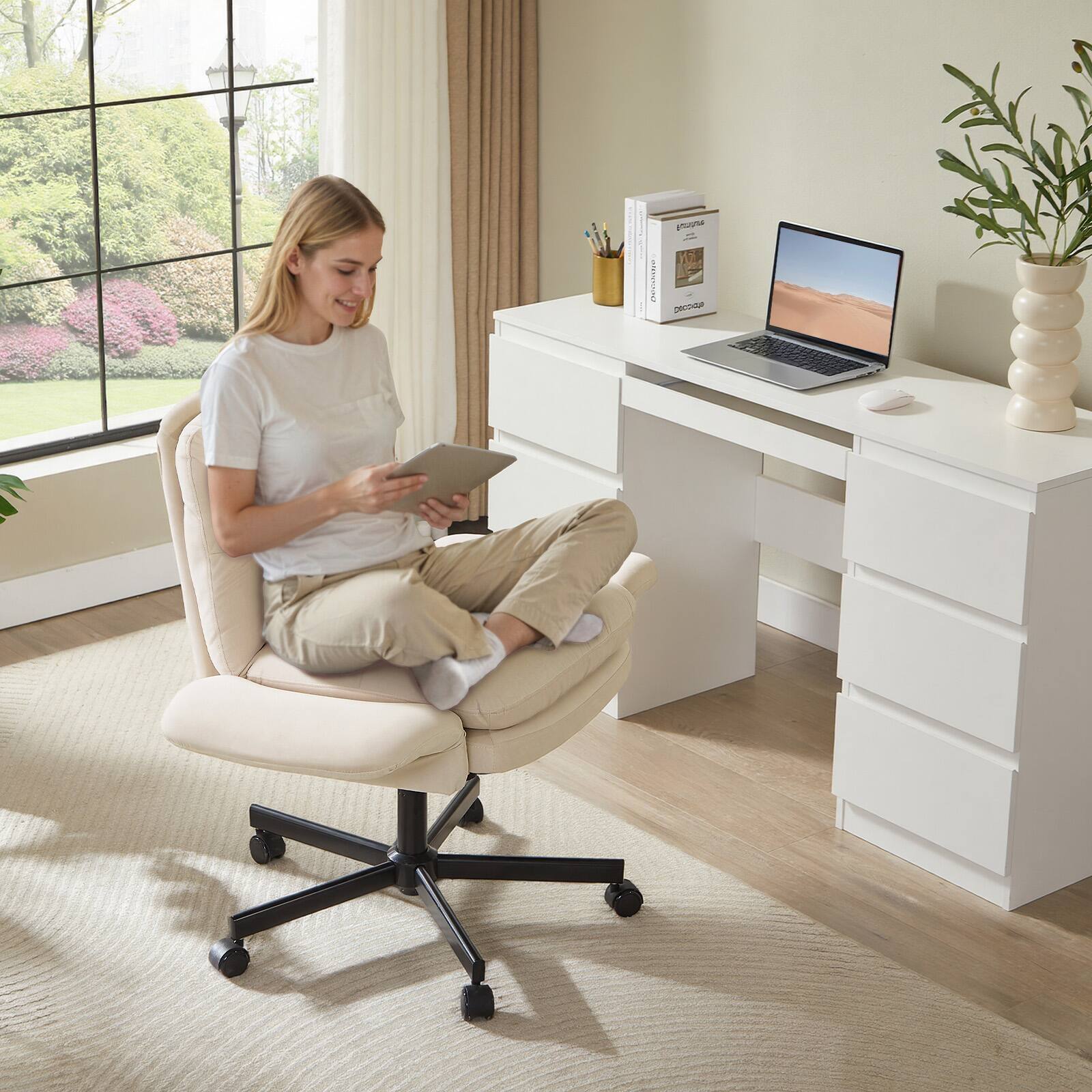 Alt View 2. Bestier - Ergonomic Cross-Legged Office Chair with Flip-Up Arms, Swivel Wheels & Adjustable Backrest for Computer Office Desk - Off White Suede.