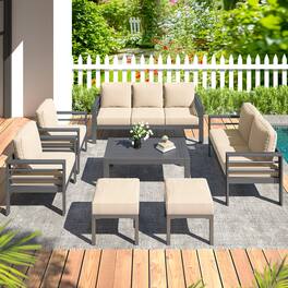 Mondawe - 7-Piece Patio Seating Set with Black Frame and Removable Cushions - Black+Beige