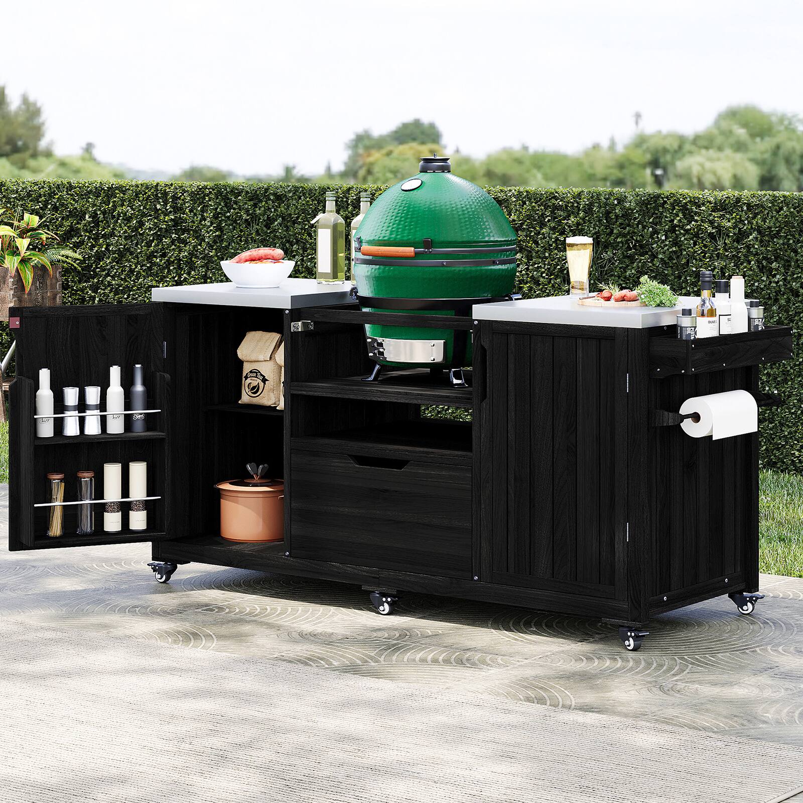 Alt View 9. Chateau Abodes - 66.5" Outdoor Kitchen Island for Big Green Egg & Kamado Joe, Solid Wood Cart with Stainless Steel Top & Drawer - Black.