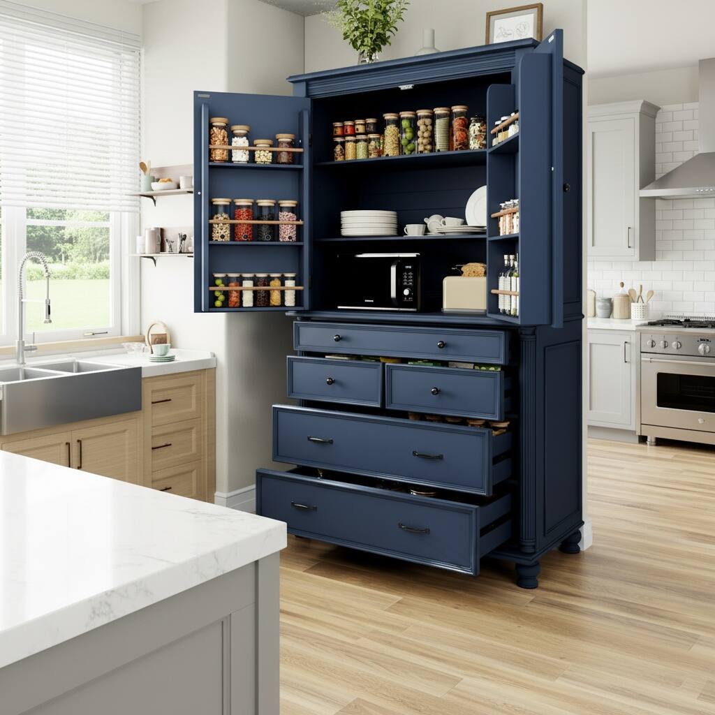 Left. Forest'nSky - 77.3" Tall Kitchen Pantry, 43.3" Wide Storage Cabinet with 5 Drawers & 6 Door Shelves, Blue - Blue.
