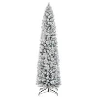 Costway - 7 FT Pre-Lit Slim Christmas Tree Flocked Decoration with Pine Needles & Lights - Green /White - Front_Zoom
