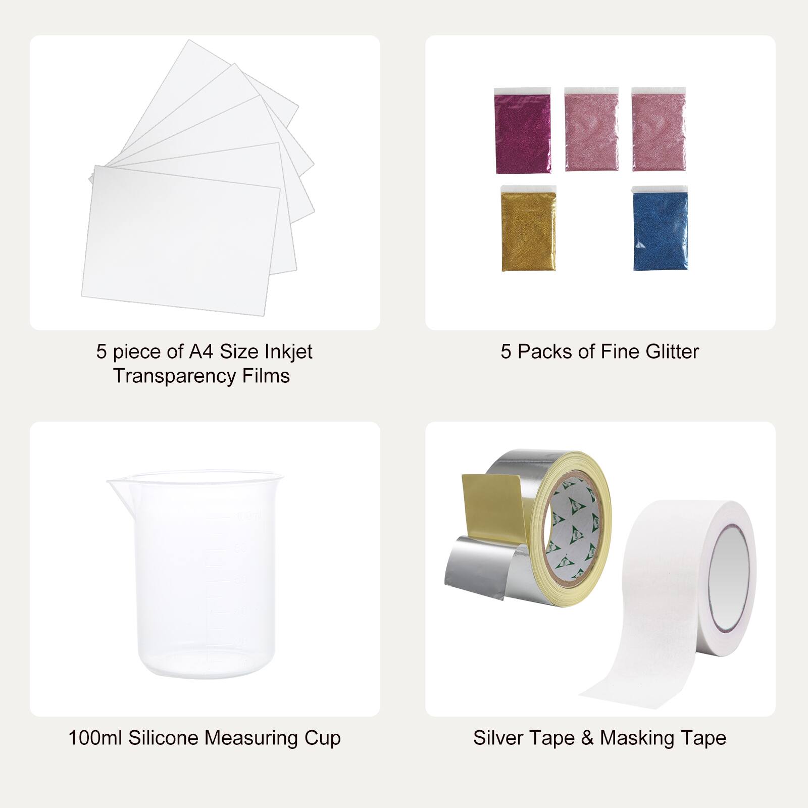 5 piece of A4 Size Inkjet Transparency Films  
5 Packs of Fine Glitter  
100ml Silicone Measuring Cup  
Silver Tape & Masking Tape