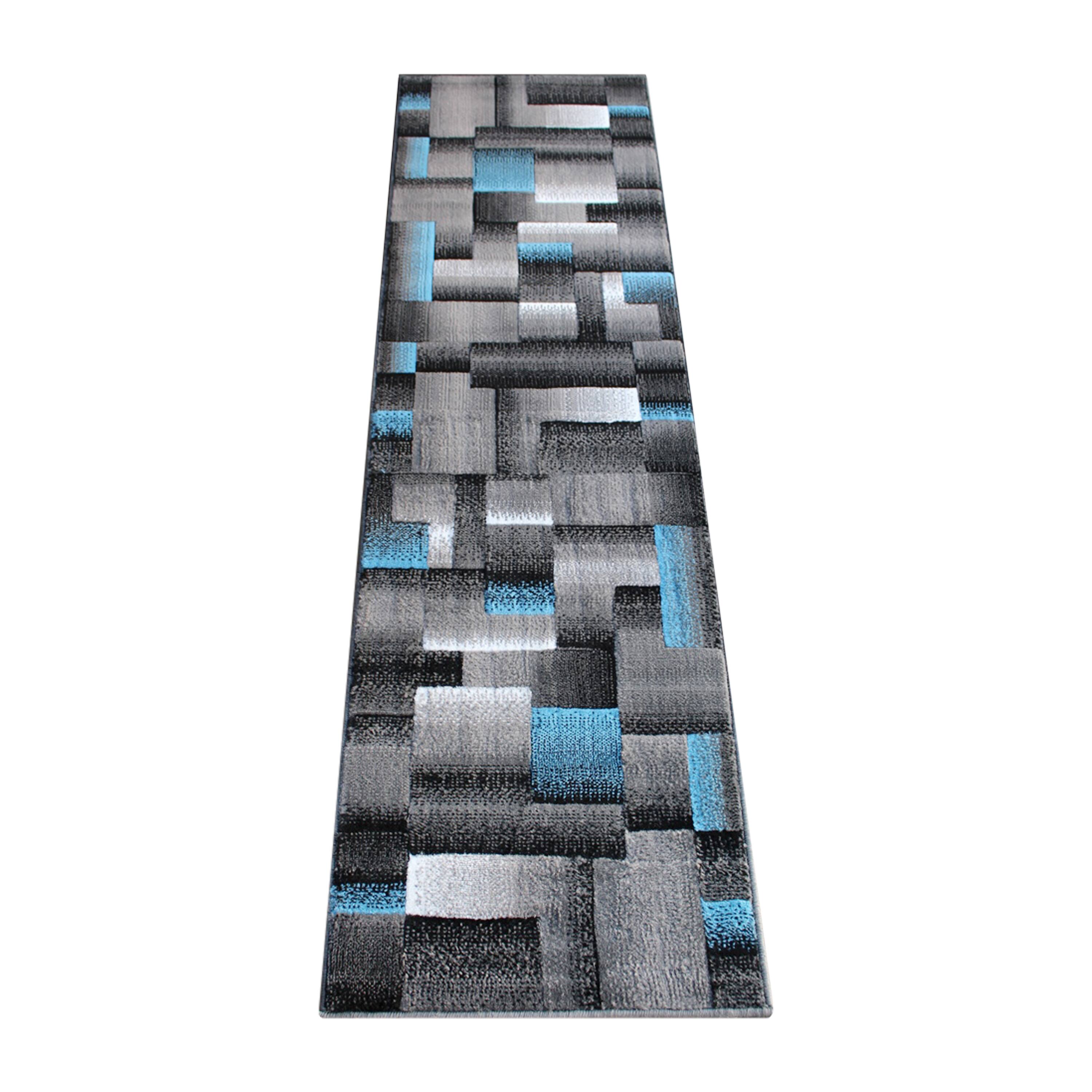 Alt View 1. Emma + Oliver - Malaga Modern Cubist Olefin Accent Runner Rug in Gradient Shades with Natural Jute Backing - Blue.