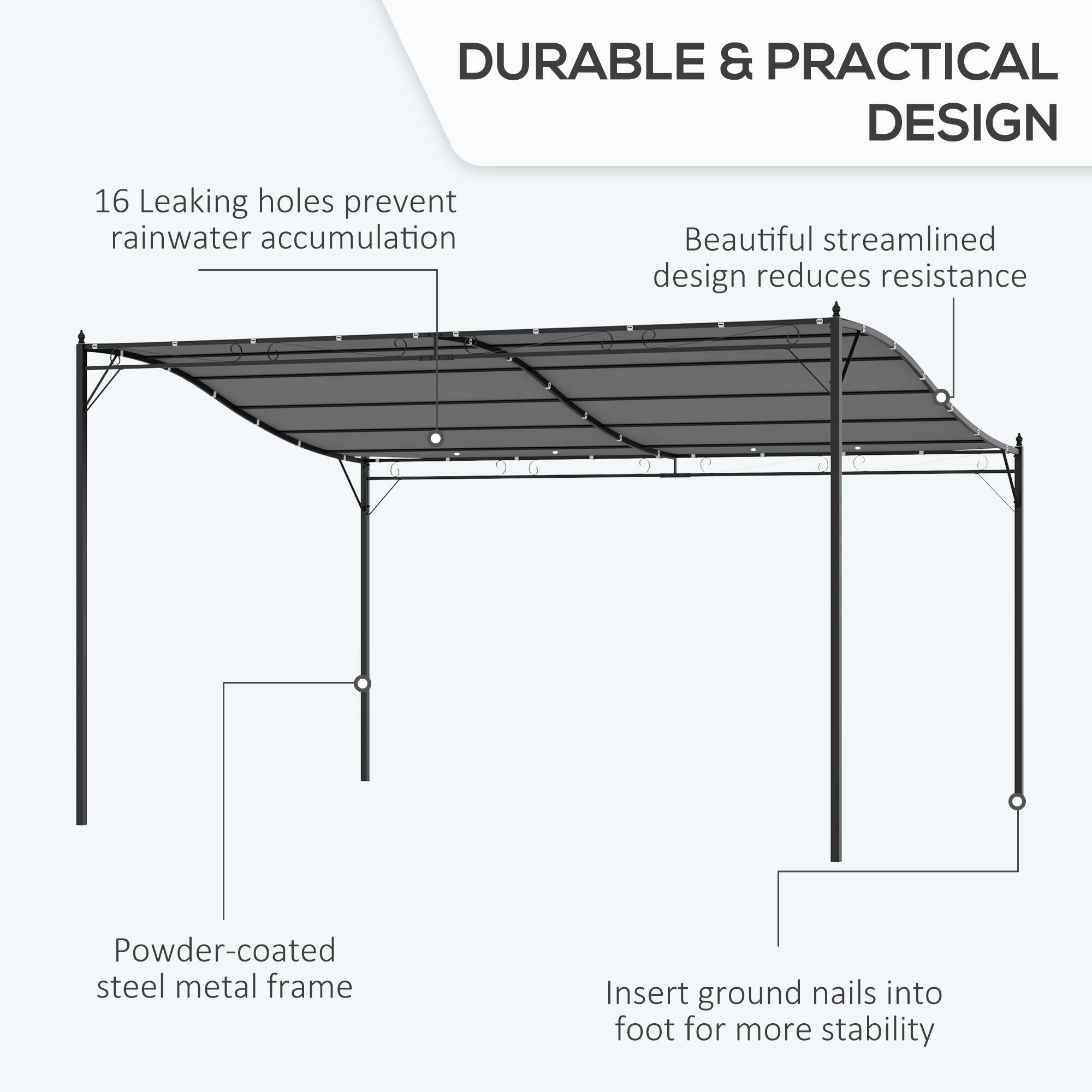 DURABLE & PRACTICAL DESIGN

16 Leaking holes prevent rainwater accumulation
Beautiful streamlined design reduces resistance
Powder-coated steel metal frame
Insert ground nails into foot for more stability