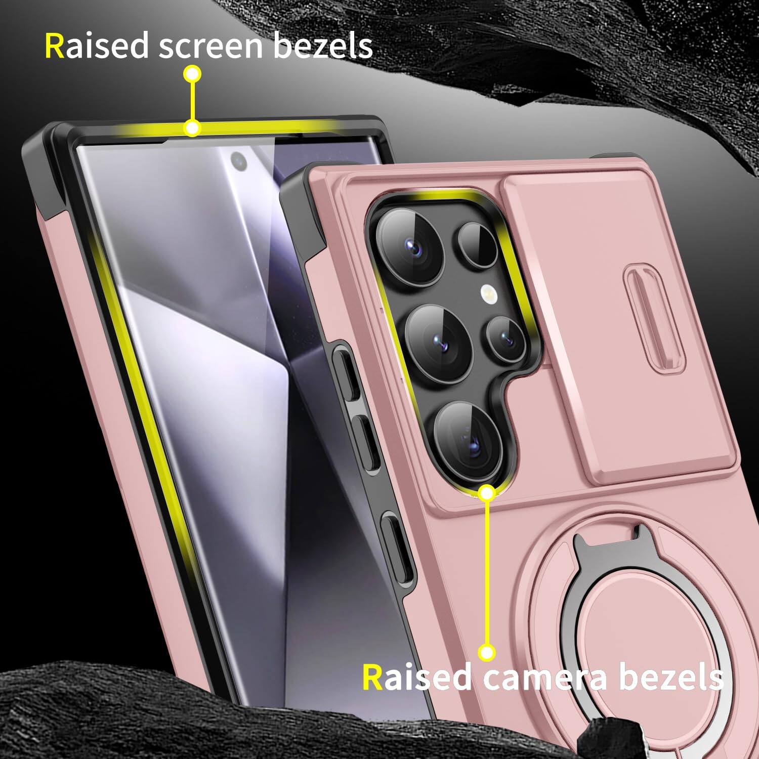Raised screen bezels  
Raised camera bezels