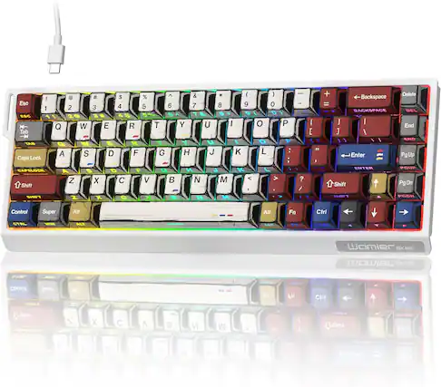 Sure, here is the corrected and grouped text from the image:
**Top Row:**
- Esc 1 ESC 1
- 2 3 Q W
- 4 E R
- 5 T Y
- 6 U I
- 7 O P
- 8 I O
- 9 P
- 0 O
- - Backspace DEL
- Delete
- End
- PgUp
- PgDn
- Shift
- Control
- Super
- Alt
- Fn
- Ctrl
**Middle Row:**
- Tab
- Caps Lock CAPSLOCK
- A S D F G H J K L
- Z X C V B N M
- , . / ?
- Enter
- Shift
- Alt
- Fn
- Ctrl
**Bottom Row:**
- Control
- Super
- Alt
- Fn
- Ctrl
**Additional Text:**
- womier SK68
- mowiel SK68
**Reflection:**
- Esc 1 ESC 1
- 2 3 Q W
- 4 E R
- 5 T Y
- 6 U I
- 7 O P
- 8 I