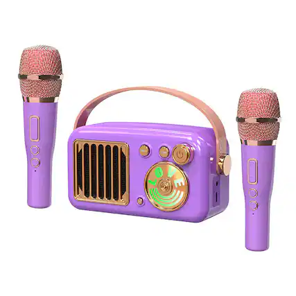 Front. PRIMEPLUS - Portable Bluetooth Speaker with 2 Microphones, 15W Karaoke Machine, Voice Effects, Perfect Gift - Purple.