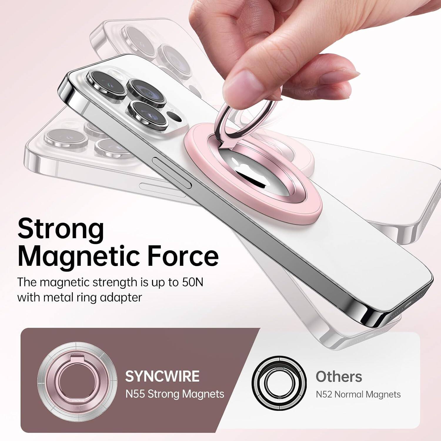 Strong Magnetic Force  
The magnetic strength is up to 50N with metal ring adapter

SYNCWIRE  
N55 Strong Magnets

Others  
N52 Normal Magnets