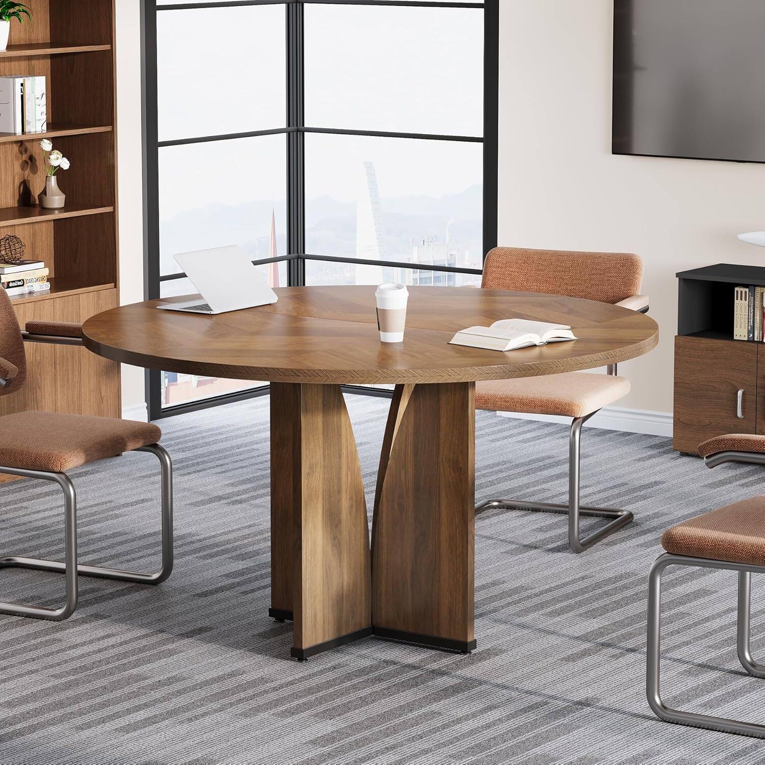 Front. Tribesigns - Conference Table with Engineered Wood Construction, Space-Saving Design and Round Top for Office - Rustic Brown.