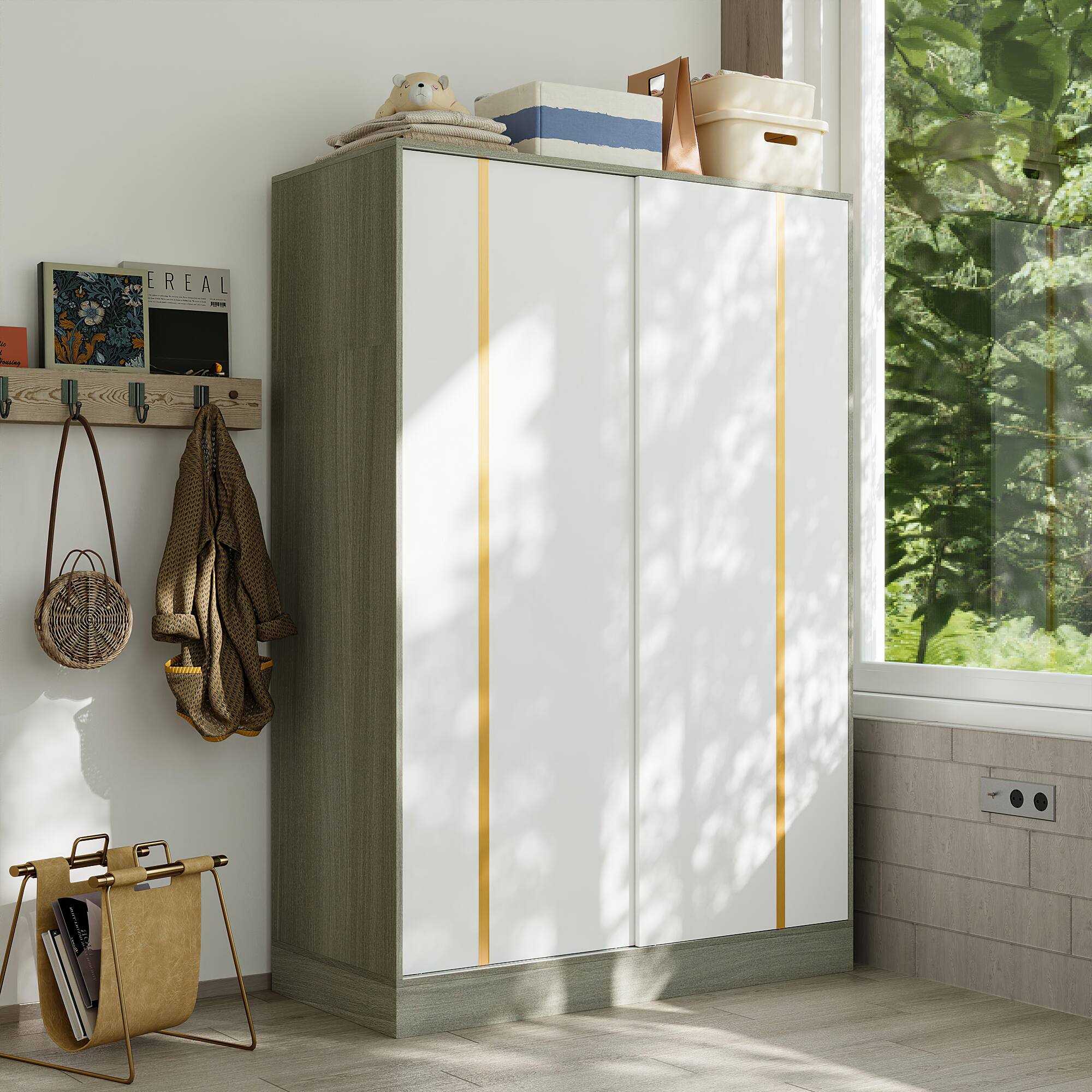 Left. Famapy - Famapy Sliding Door Armoires Modern Wood Closet Organizer with Adjustable Storage Wardrobe - White & Gray.