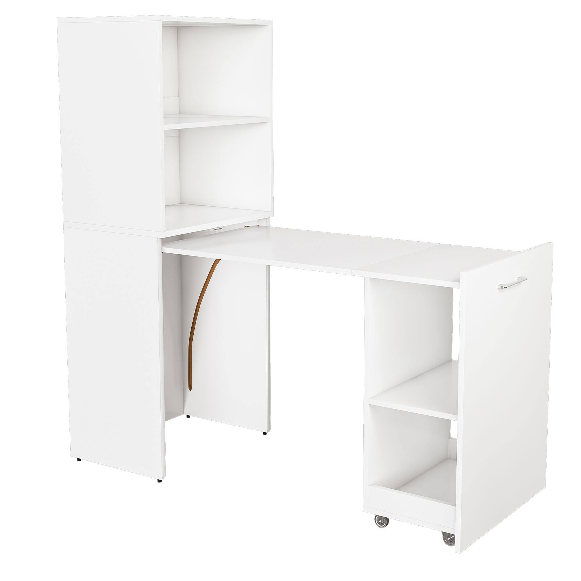 Front. Glintex - Foldable Office Desk with Storage Shelves and Wheels, Stretchable Computer Desk for Compact Home Office Spaces - White.