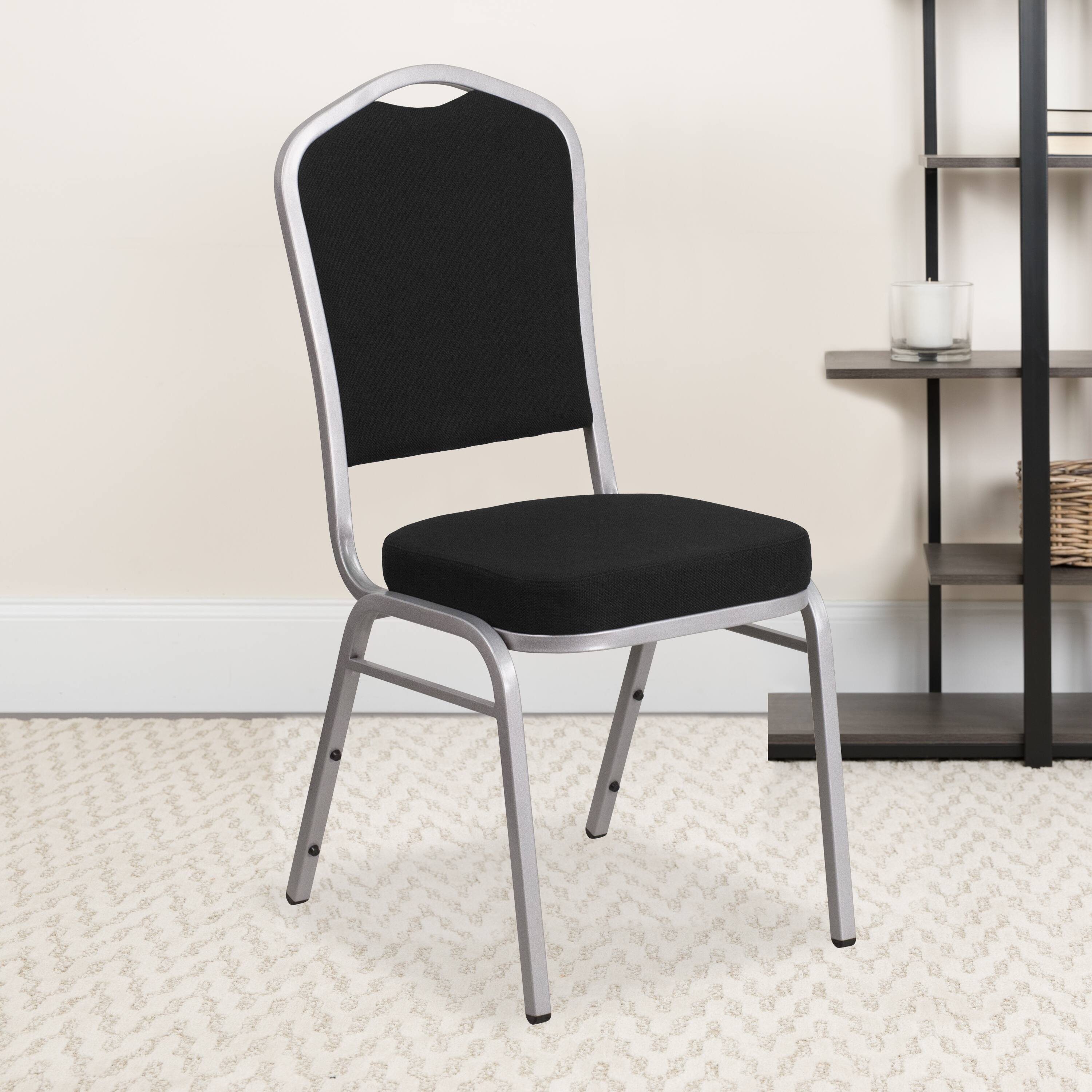 Alt View 2. Emma + Oliver - 4 Pack Crown Back Stacking Banquet Chair - Black Fabric/Silver Frame.