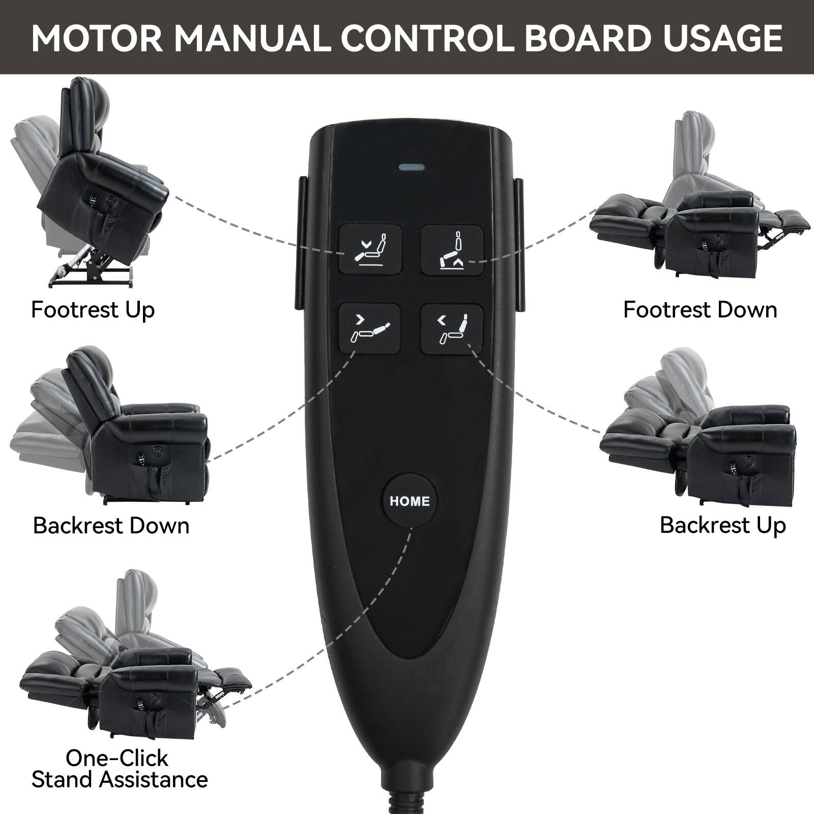 MOTOR MANUAL CONTROL BOARD USAGE

Footrest Up
Footrest Down
Backrest Down
Backrest Up
One-Click Stand Assistance
HOME