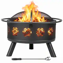 Winado - 30in Metal Fire Pit Stove, Portable Round Wood Burning with Cover, Handle Ring for Outdoor Camping Garden Party Picnic - Black-Floral Pattern