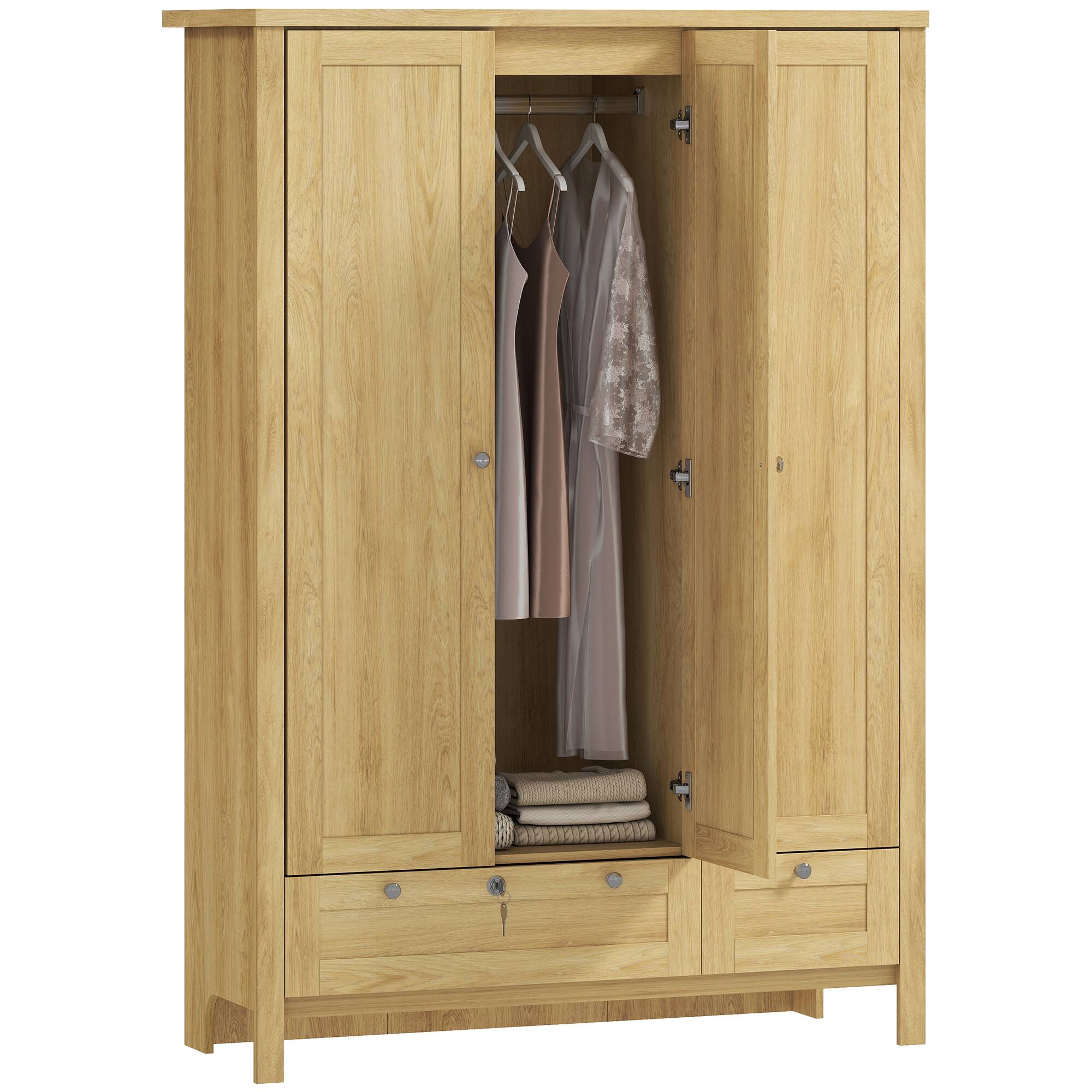 Homcom - 3 Door Armoire Wardrobe Closet with 2 Drawers, 69" Clothing Storage Cabinet with Lockable Large Drawer, Hanging Rod - natural