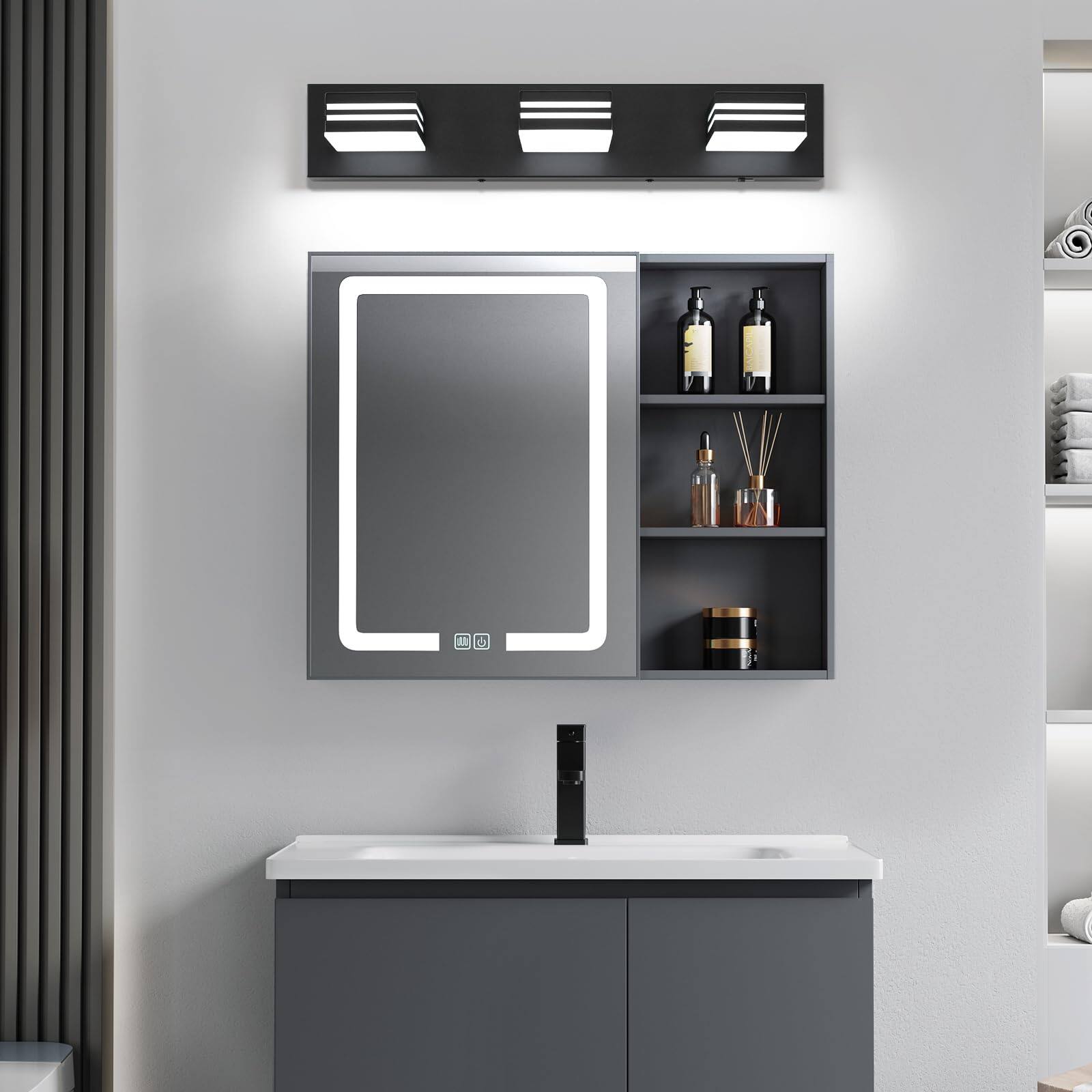 Alt View 2. HM 1810 - Led Modern Bathroom Vanity Light Fixtures Matte Wall Lighting Over Mirror - Black- 6000K Non-dimmable 3-Light，24-Inch.