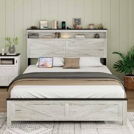 LUCKY ONE - Full Size Bed Frame With LED lights and Charging Station - Antique White+Gray