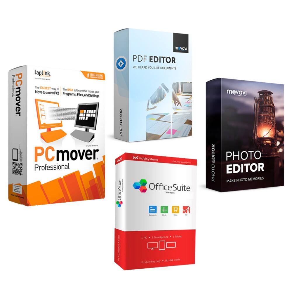 laplink  
PCmover Professional  
The EASIEST way to Move to a new PC  
The ONLY software that moves your Programs, Files, and Settings  

#1 BEST SELLING  
PDF EDITOR  
WE HEARD YOU LIKE DOCUMENTS  

mobilisystems  
OfficeSuite  
Windows  
1 PC - 1 Smartphone - 1 Tablet  
Product key only * No disk inside  

movavi  
PHOTO EDITOR  
MAKE PHOTO MEMORIES