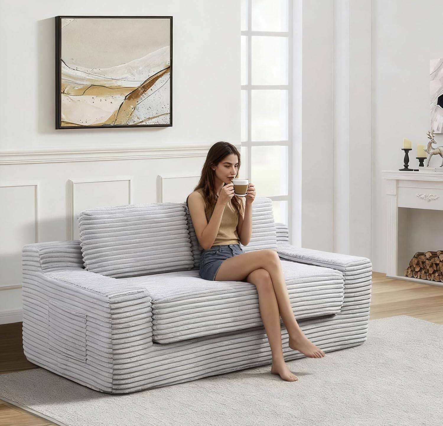 Alt View 2. Trinkets Crazed - Corduroy Cloud Loveseat Sofa, 2 in 1 Folding Convertible Sleeper Sofa with Fixed-Shape Frame and 2 Pillows - gray.