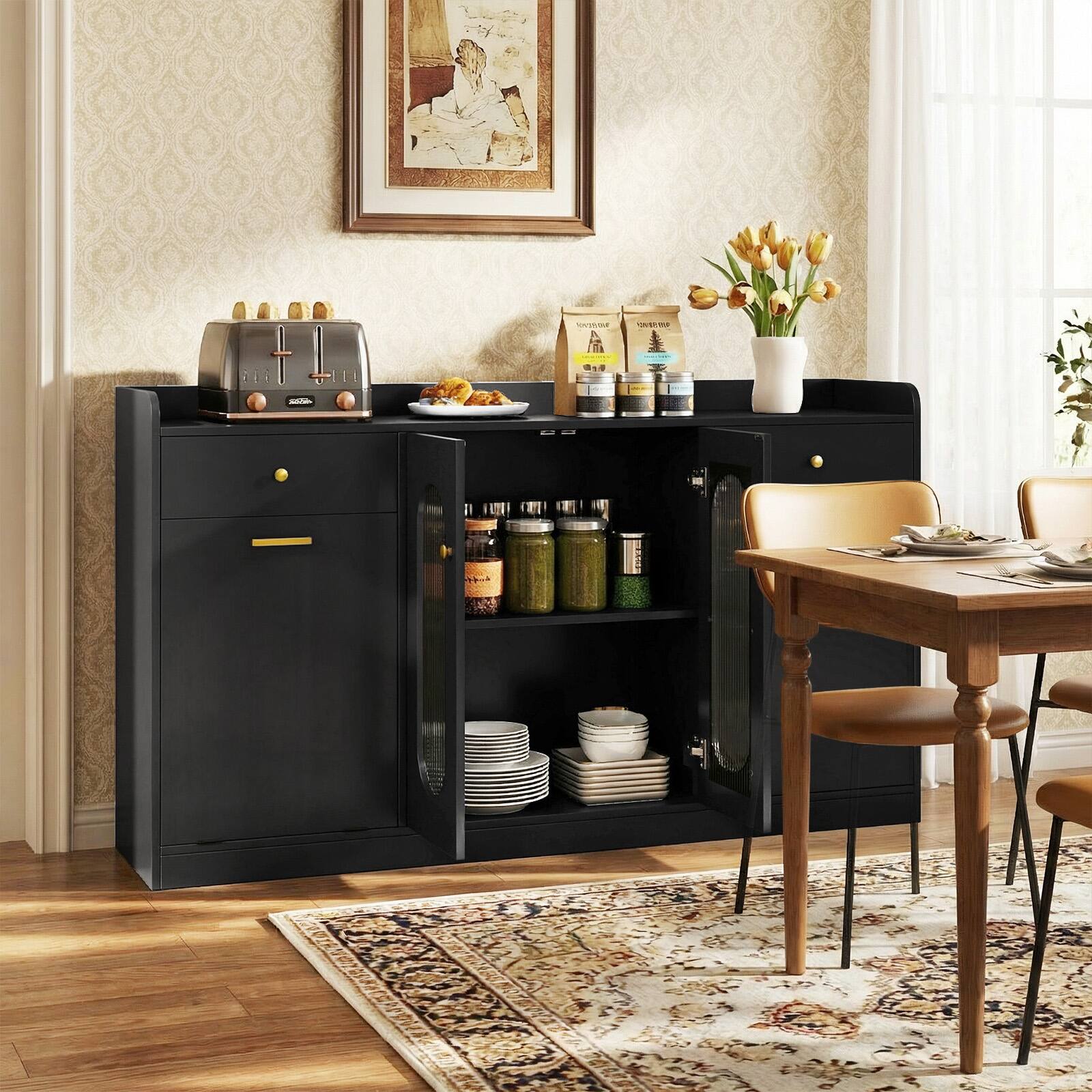 Alt View 3. Costway - Costway 55" Large Buffet Cabinet with 2 Glass Doors, 2 Drawers, 2 Door Shelves for Kitchen - Black.