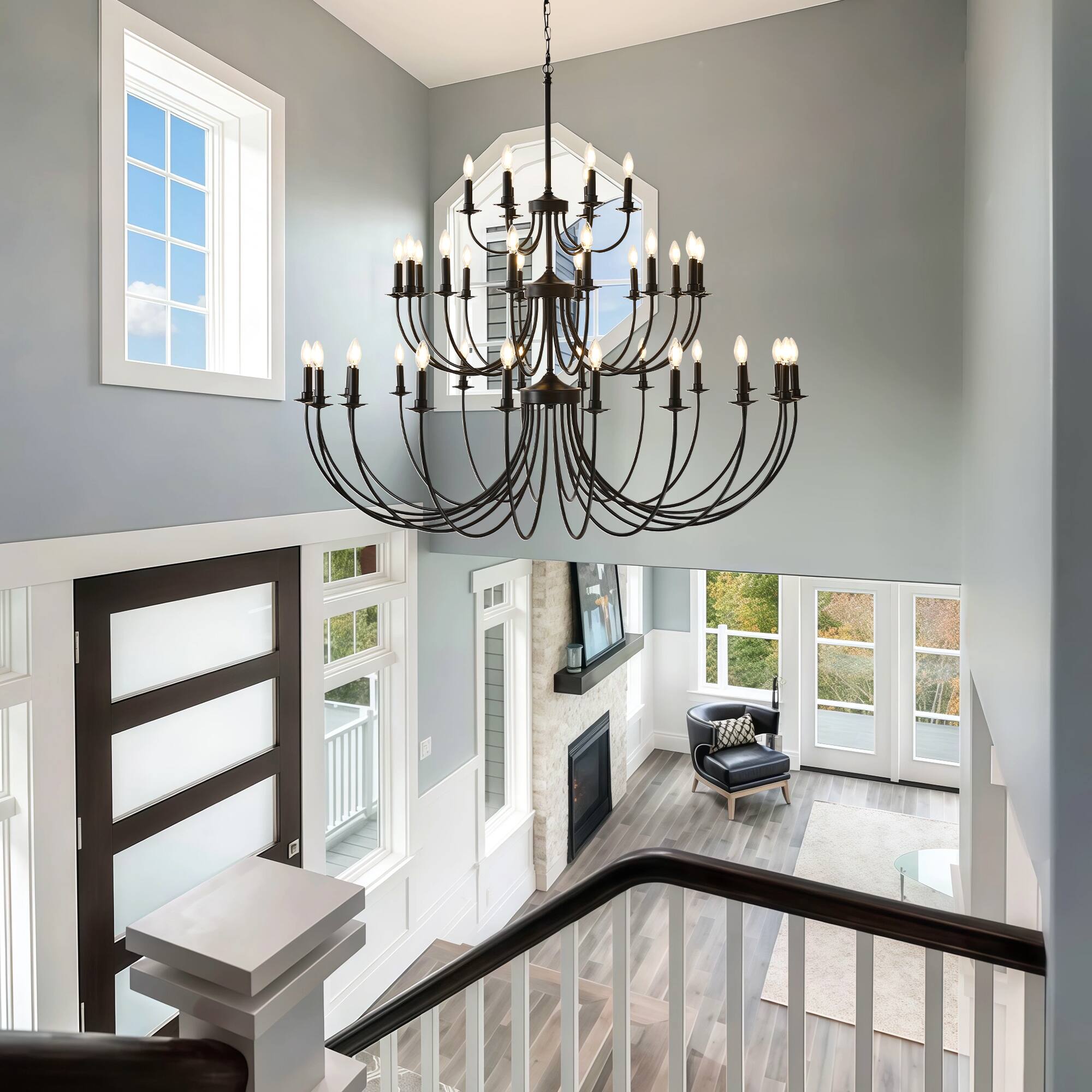 Back. RYHNUYNE - 40 Lights Black Chandelier, 3-Tier Farmhouse Chandeliers for Dining Room, Large Industrial Candle Pendant Light Fixtures - Black.