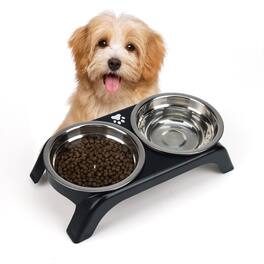 Supet - Stainless Steel Double Bowl with Raised Stand for Puppies & Cats - Black