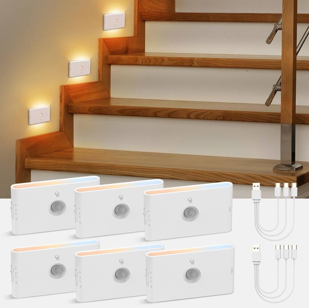 Front. ACJPR - Rechargeable Motion Sensor Stair Lights, Dimmable Night Lights with Magnetic Mount, 6 Pack.