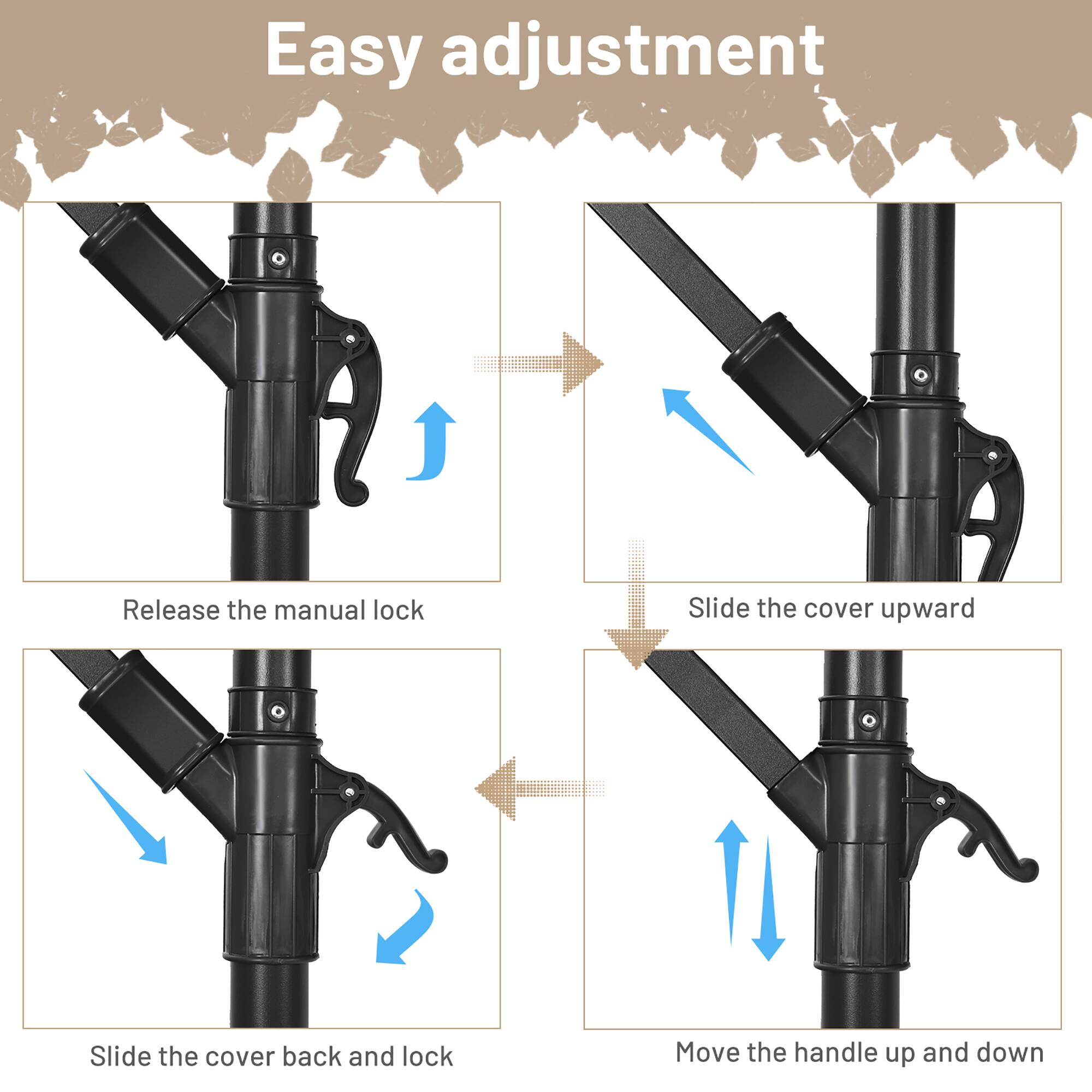 Easy adjustment:

1. Release the manual lock
2. Slide the cover upward
3. Slide the cover back and lock
4. Move the handle up and down