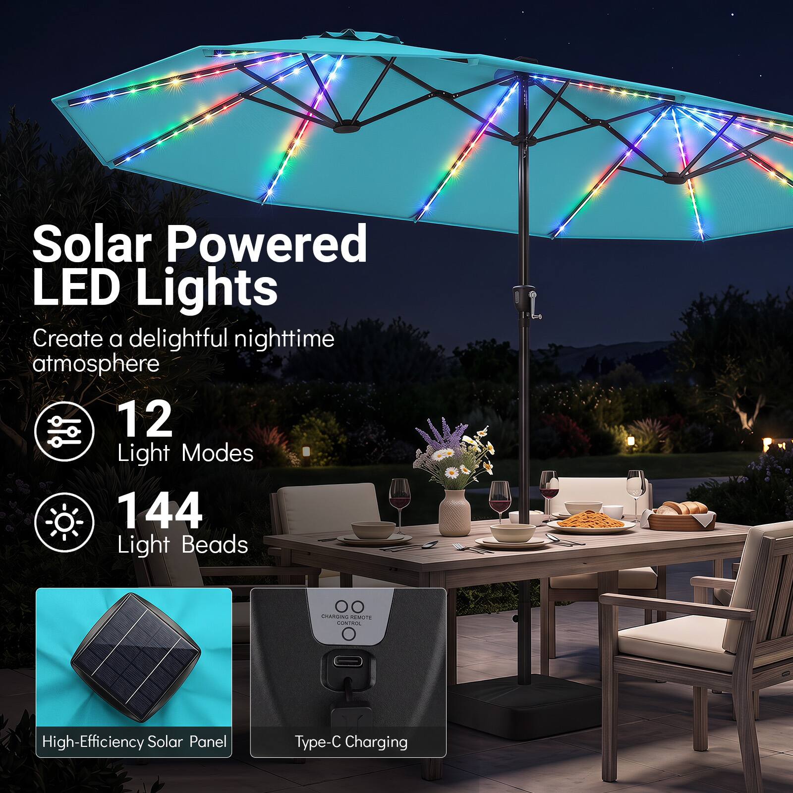 Solar Powered LED Lights  
Create a delightful nighttime atmosphere  
12 Light Modes  
144 Light Beads  

00 CHARGING REMOTE CONTROL  
High-Efficiency Solar Panel  
Type-C Charging