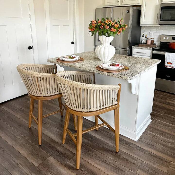 Alt View 2. PURPLE LEAF - Outdoor Counter/Bar Height Stools Set of 2 Rattan Wicker Bar Chairs Woven Aluminum Barstools with Back and Cushions - Teak-Counter Stool.