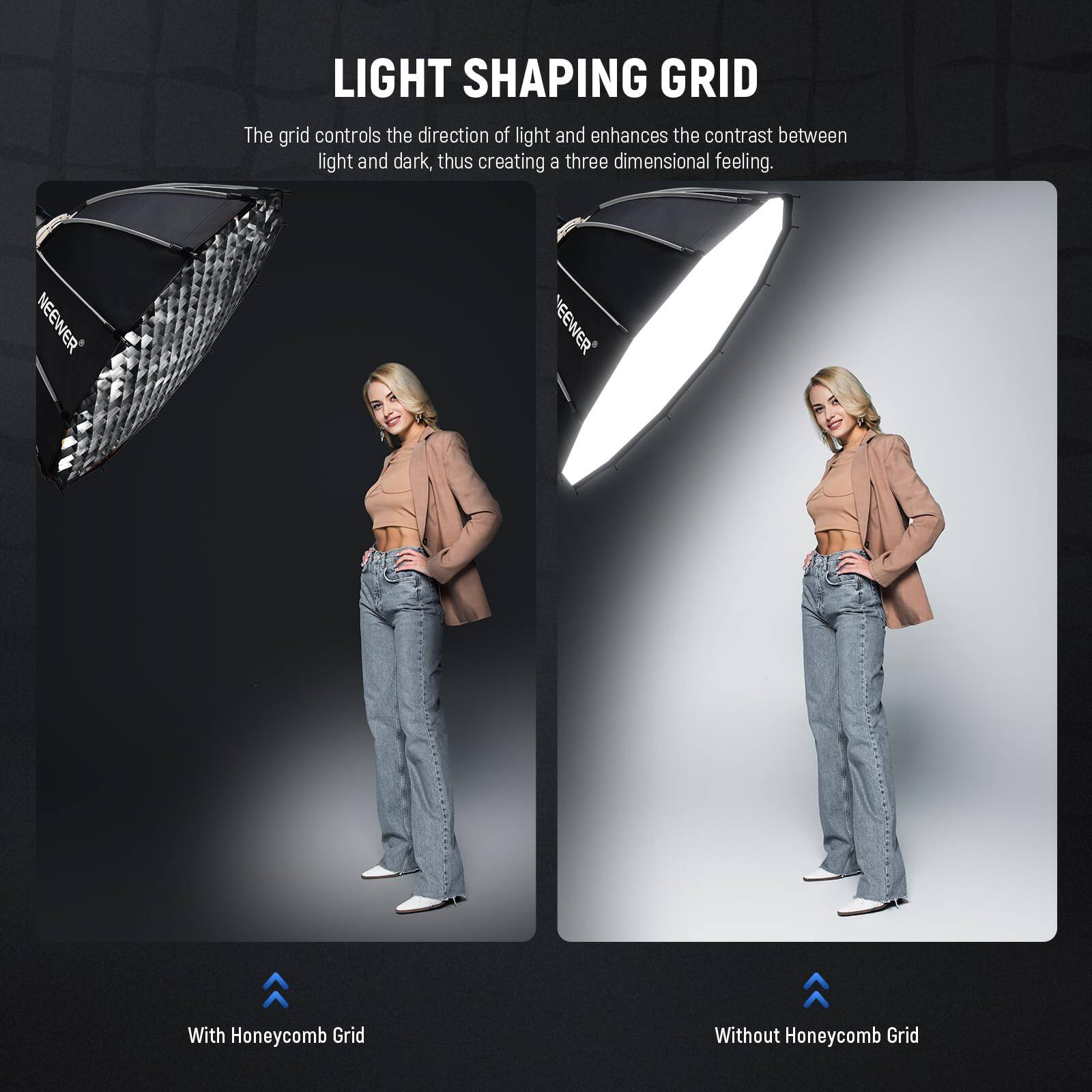 LIGHT SHAPING GRID

The grid controls the direction of light and enhances the contrast between light and dark, thus creating a three-dimensional feeling.

NEEWER

With Honeycomb Grid

Without Honeycomb Grid