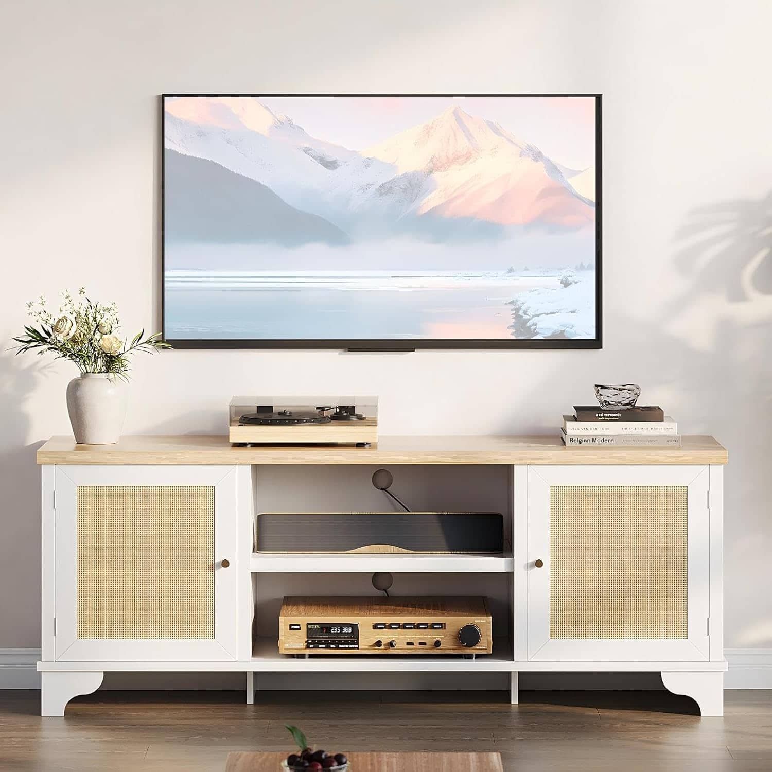 Qeetex - 70" Rattan TV Stand, 2 Cabinets & Open Shelf, Boho Media Console - White
