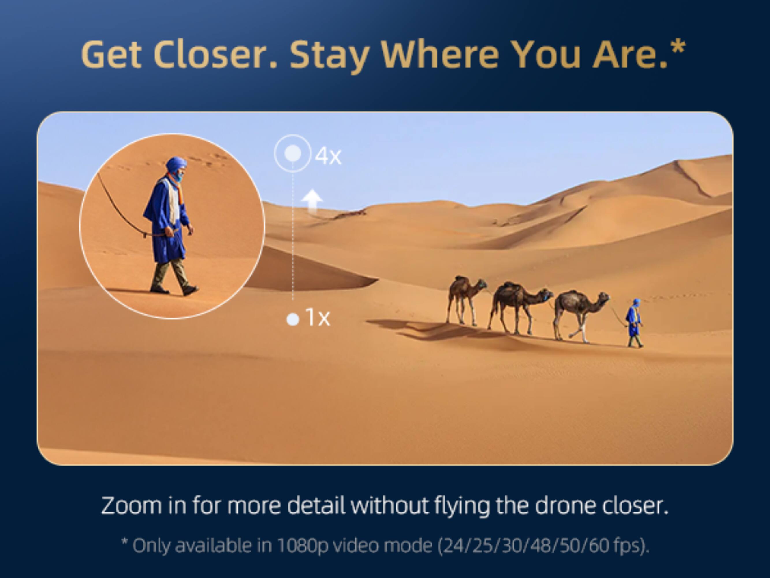 Get Closer. Stay Where You Are.  
* 4x 1x  
Zoom in for more detail without flying the drone closer.  
* Only available in 1080p video mode (24/25/30/48/50/60 fps).