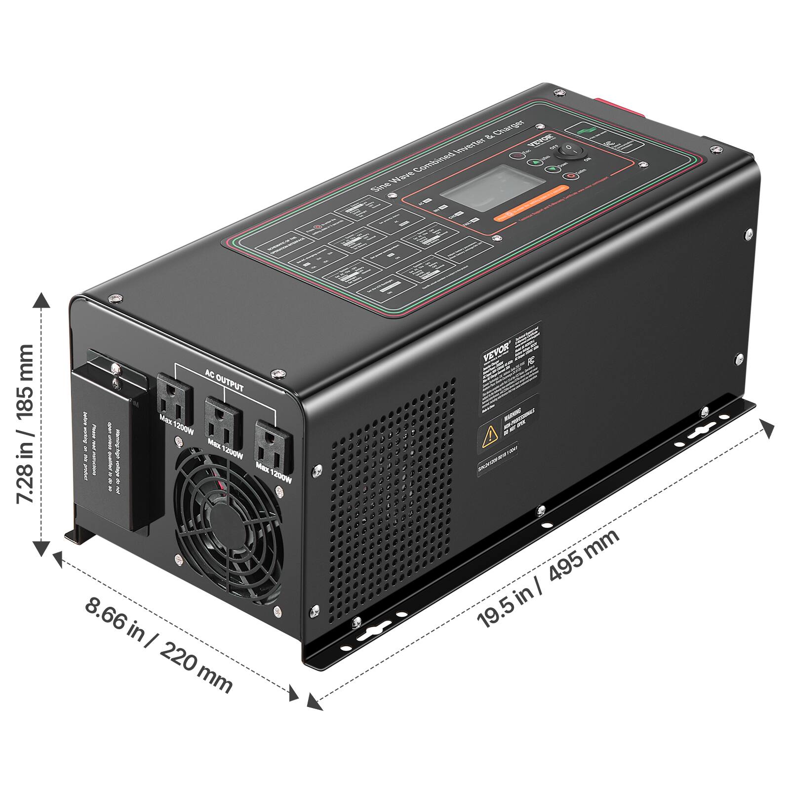 VEVOR Inverter Wave Combined Sine Charger

Dimensions:
- Height: 7.28 in / 185 mm
- Width: 8.66 in / 220 mm
- Depth: 19.5 in / 495 mm

AC OUTPUT Max: 1200W Favor 290 Max - high 1200W Max 1200W