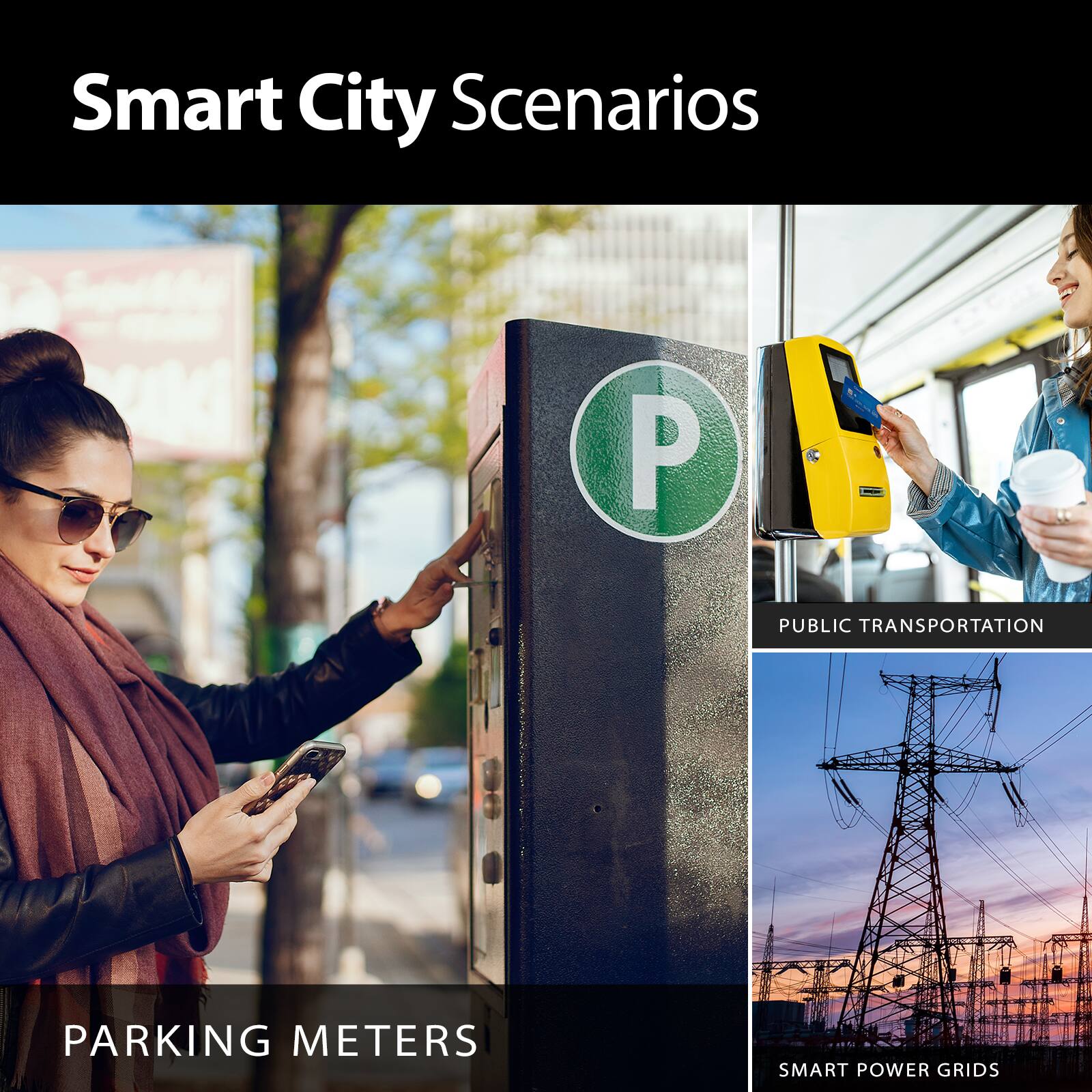 Smart City Scenarios

PARKING METERS

PUBLIC TRANSPORTATION

SMART POWER GRIDS