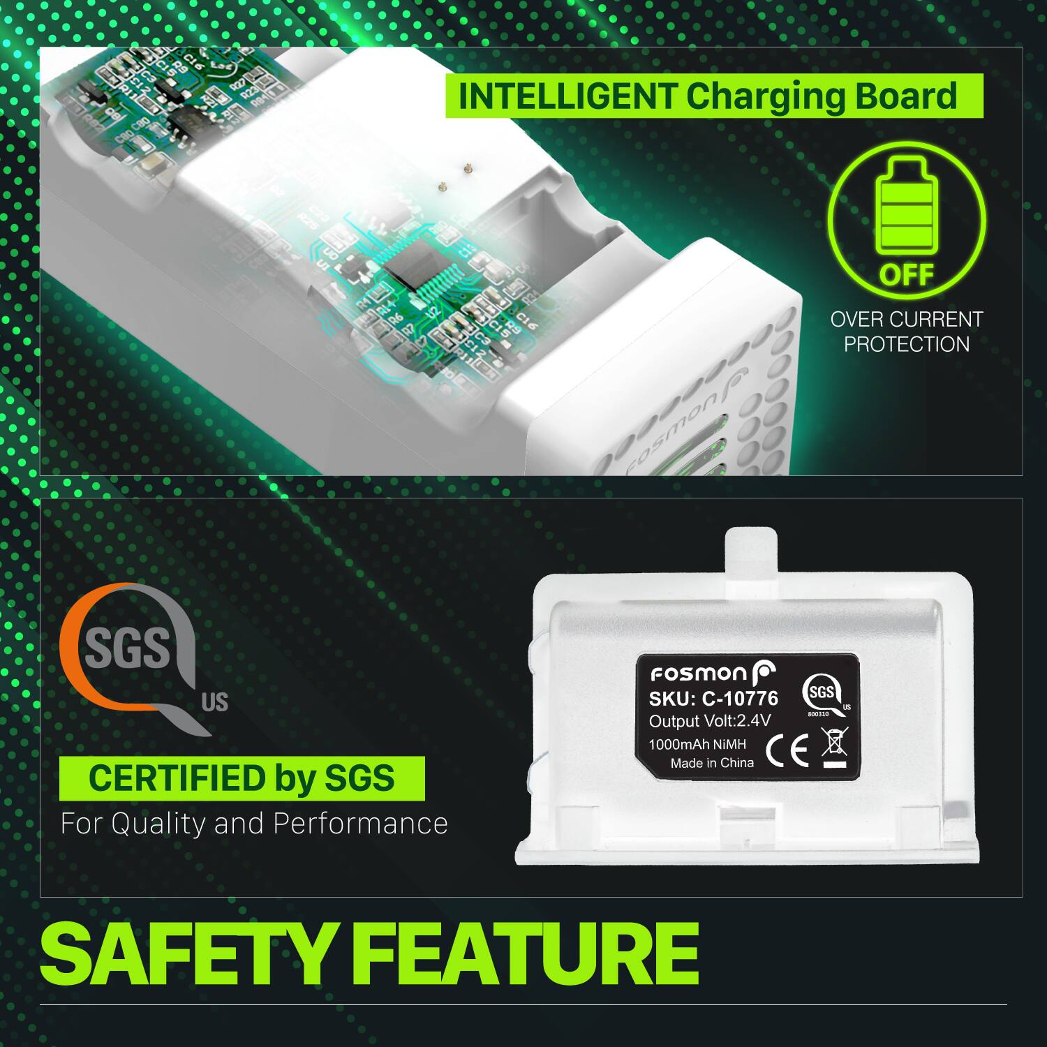 INTELLIGENT Charging Board
OFF
OVER CURRENT PROTECTION
SGS US
CERTIFIED by SGS
For Quality and Performance
Fosmon
SGS SKU: C-10776
- Output Volt:2.4V 1000mAh NIMH
Made in China
CE
SAFETY FEATURE