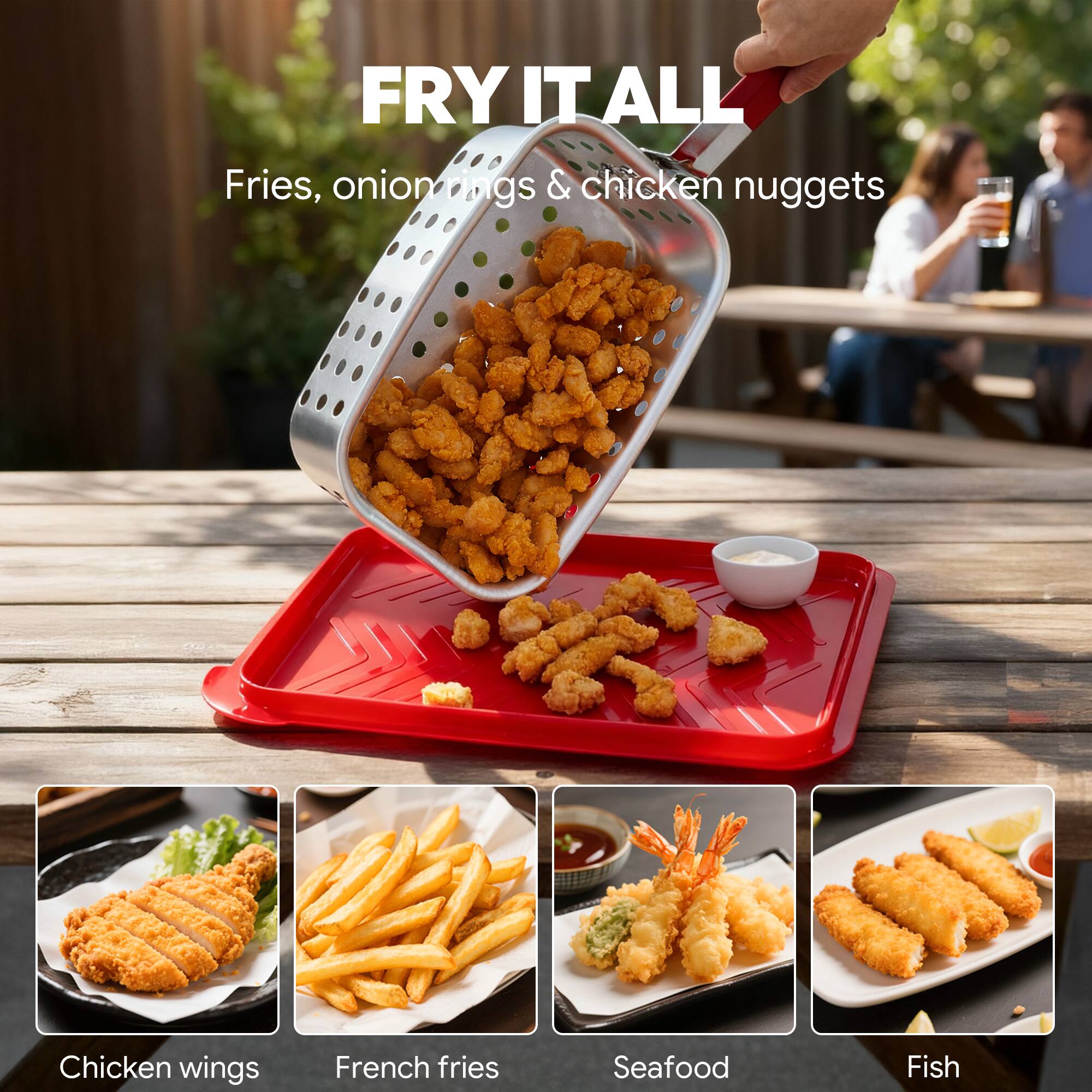 FRY IT ALL  
Fries, onion rings & chicken nuggets  

Chicken wings  
French fries  
Seafood  
Fish