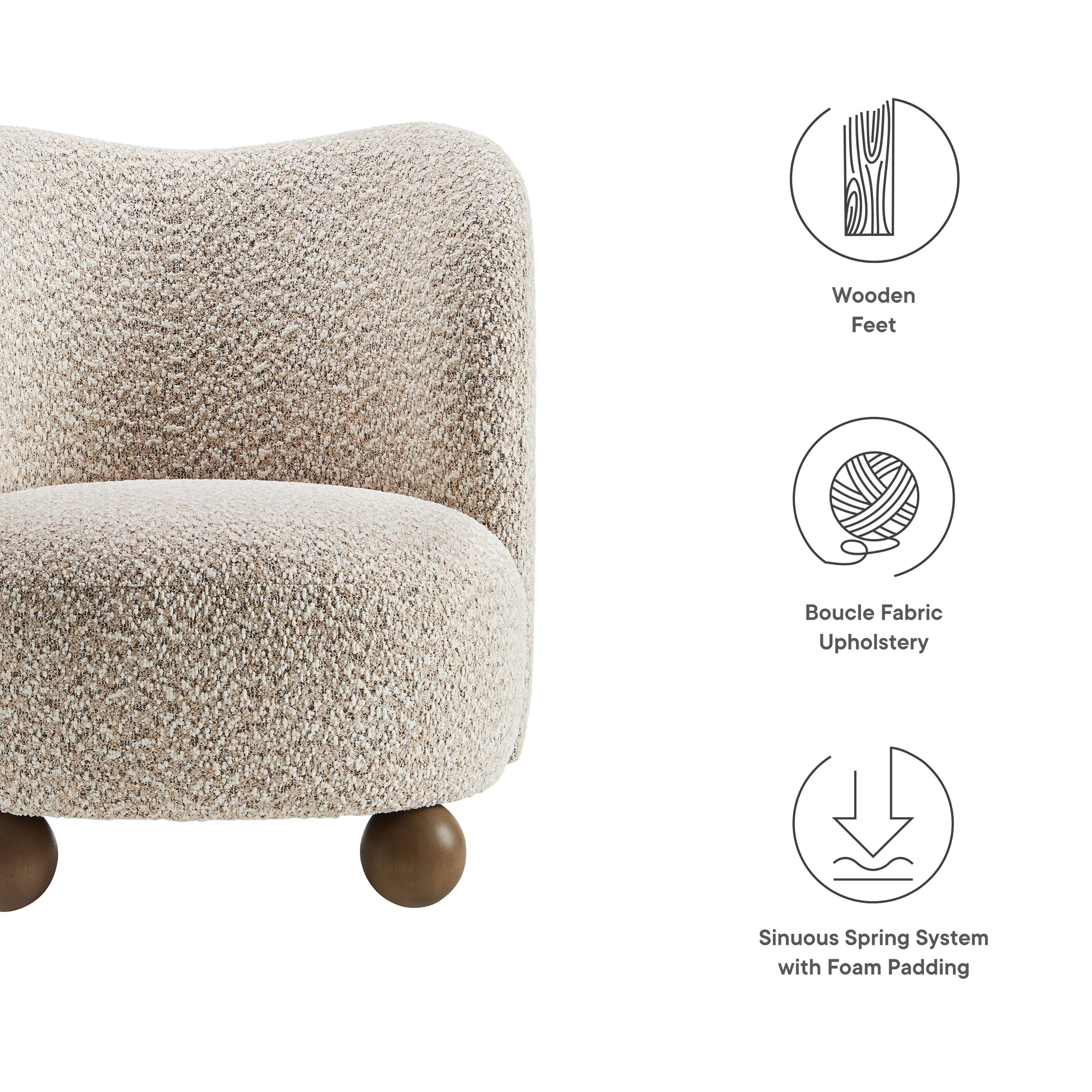 - Wooden Feet
- Boucle Fabric Upholstery
- Sinuous Spring System with Foam Padding